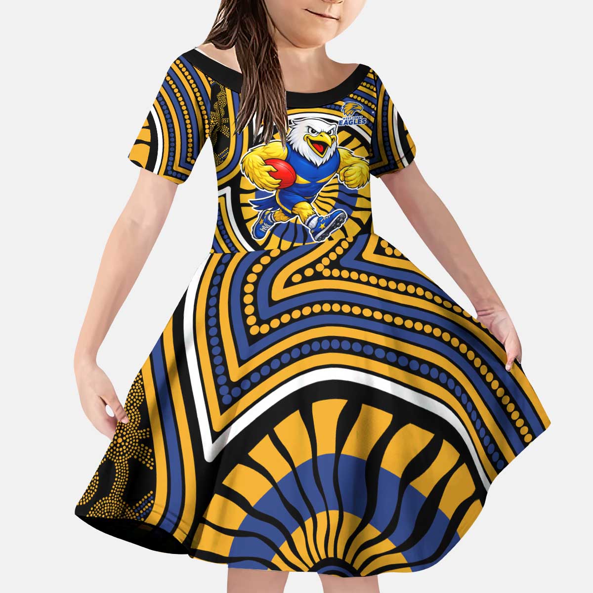 West Coast Eagles Kid Short Sleeve Dress Indigenous Monochrome Dot Art Mascot Style