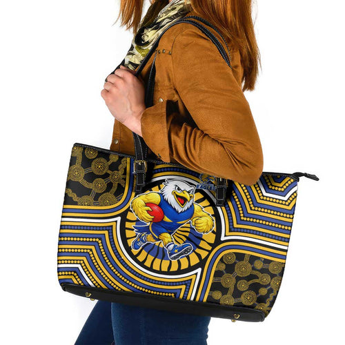 West Coast Eagles Leather Tote Bag Indigenous Monochrome Dot Art Mascot Style