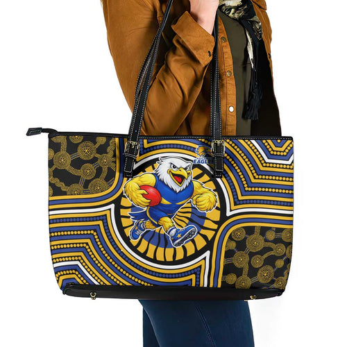 West Coast Eagles Leather Tote Bag Indigenous Monochrome Dot Art Mascot Style