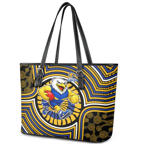 West Coast Eagles Leather Tote Bag Indigenous Monochrome Dot Art Mascot Style