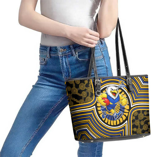 West Coast Eagles Leather Tote Bag Indigenous Monochrome Dot Art Mascot Style