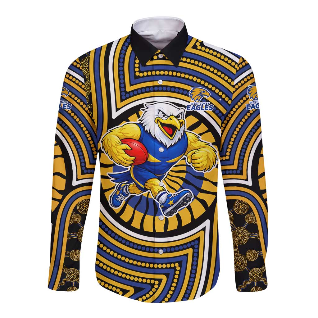 West Coast Eagles Long Sleeve Button Shirt Indigenous Monochrome Dot Art Mascot Style