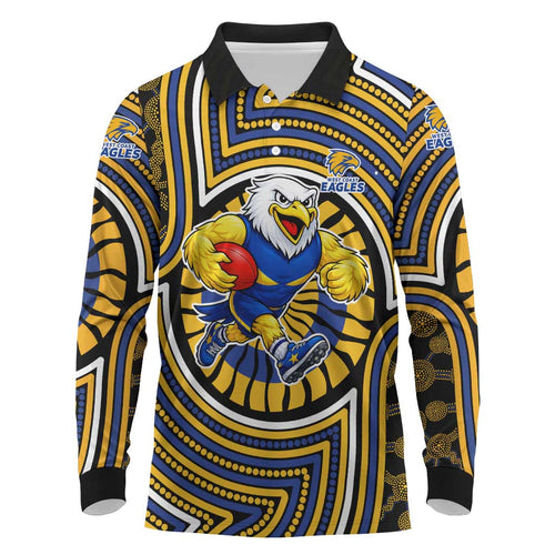 West Coast Eagles Long Sleeve Polo Shirt Indigenous Monochrome Dot Art Mascot Style