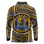 West Coast Eagles Long Sleeve Polo Shirt Indigenous Monochrome Dot Art Mascot Style