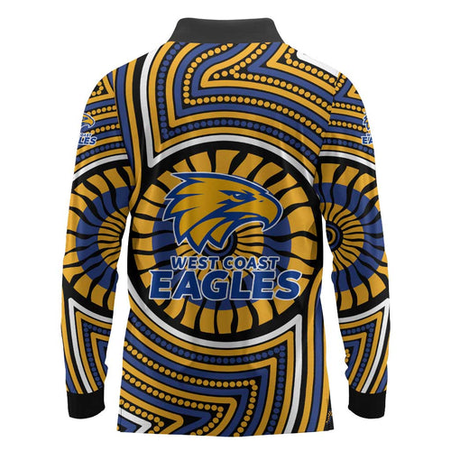 West Coast Eagles Long Sleeve Polo Shirt Indigenous Monochrome Dot Art Mascot Style