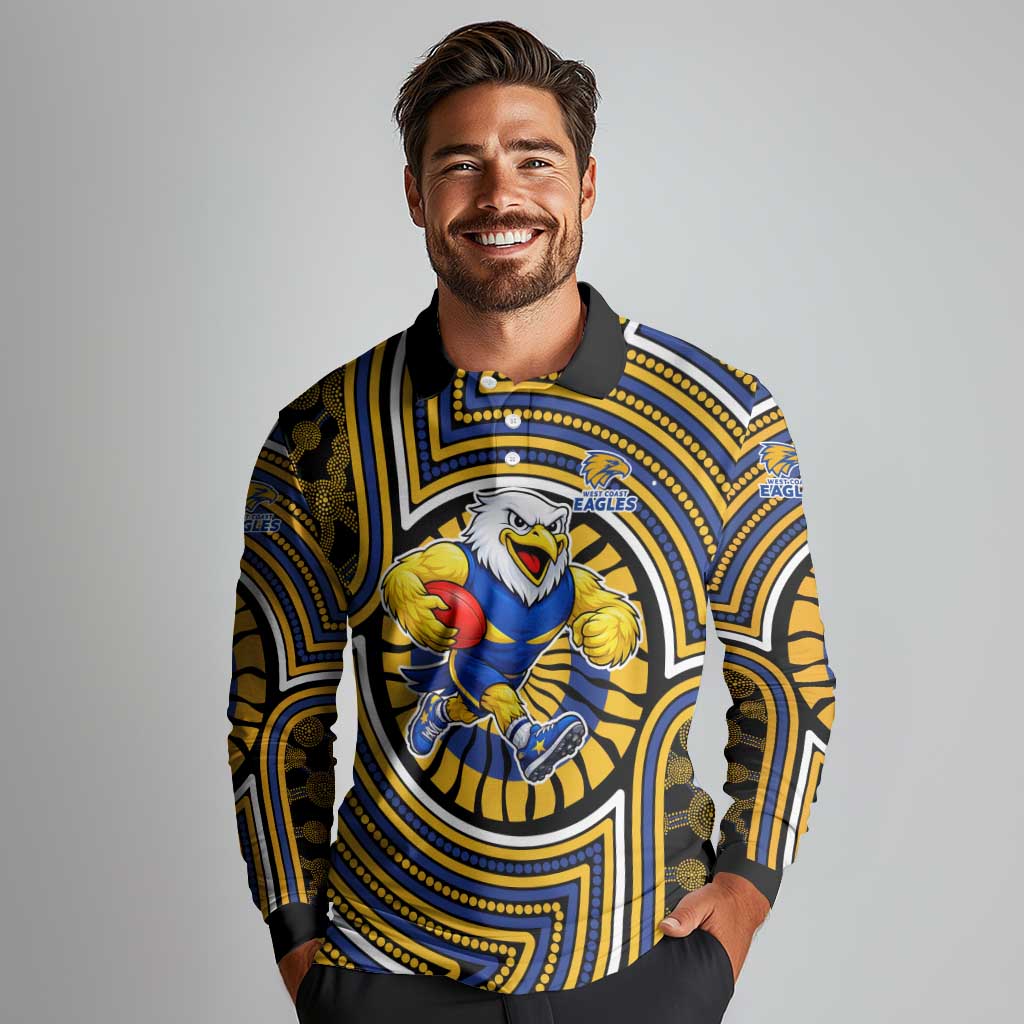 West Coast Eagles Long Sleeve Polo Shirt Indigenous Monochrome Dot Art Mascot Style