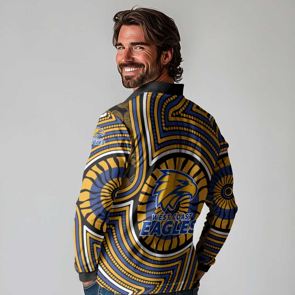 West Coast Eagles Long Sleeve Polo Shirt Indigenous Monochrome Dot Art Mascot Style