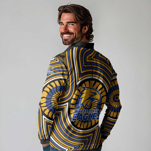 West Coast Eagles Long Sleeve Polo Shirt Indigenous Monochrome Dot Art Mascot Style