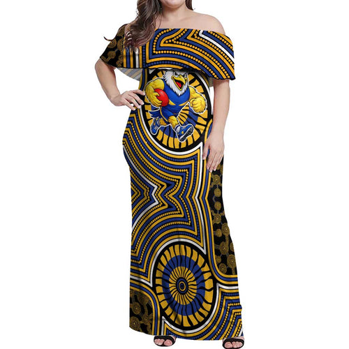West Coast Eagles Off Shoulder Maxi Dress Indigenous Monochrome Dot Art Mascot Style