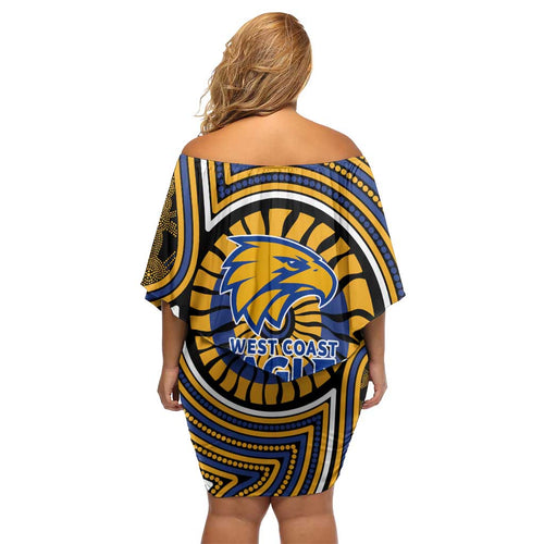 West Coast Eagles Off Shoulder Short Dress Indigenous Monochrome Dot Art Mascot Style