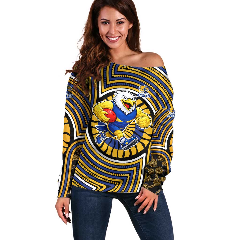 West Coast Eagles Off Shoulder Sweater Indigenous Monochrome Dot Art Mascot Style