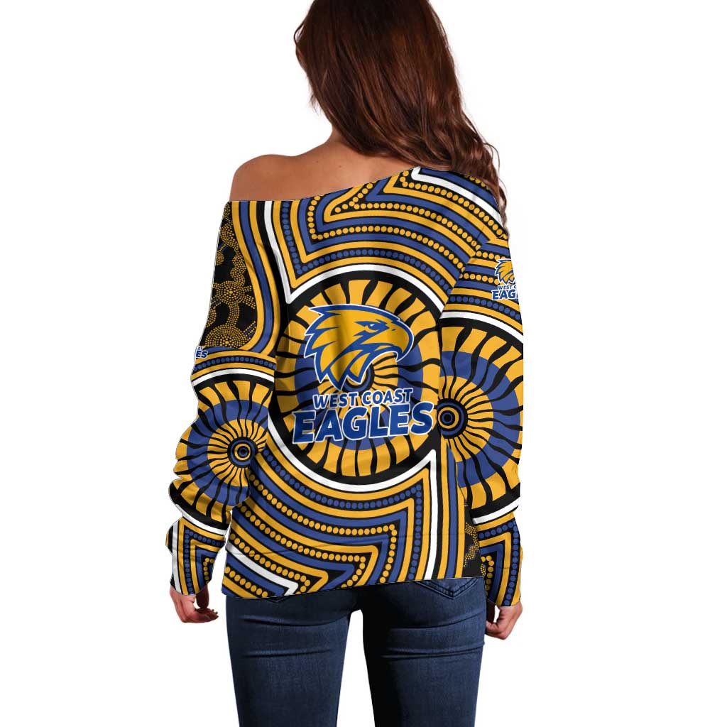 West Coast Eagles Off Shoulder Sweater Indigenous Monochrome Dot Art Mascot Style