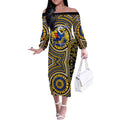 West Coast Eagles Off The Shoulder Long Sleeve Dress Indigenous Monochrome Dot Art Mascot Style