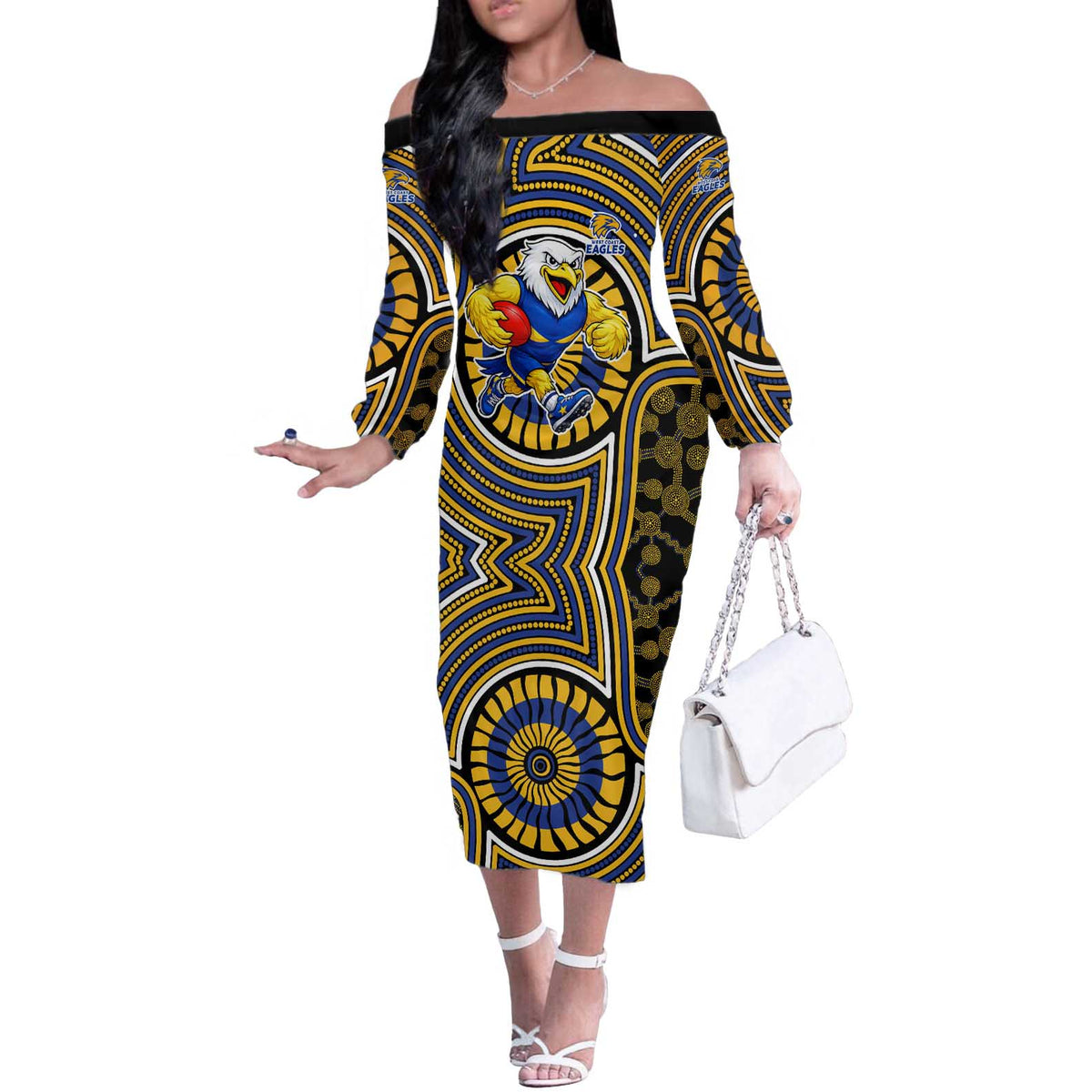 West Coast Eagles Off The Shoulder Long Sleeve Dress Indigenous Monochrome Dot Art Mascot Style