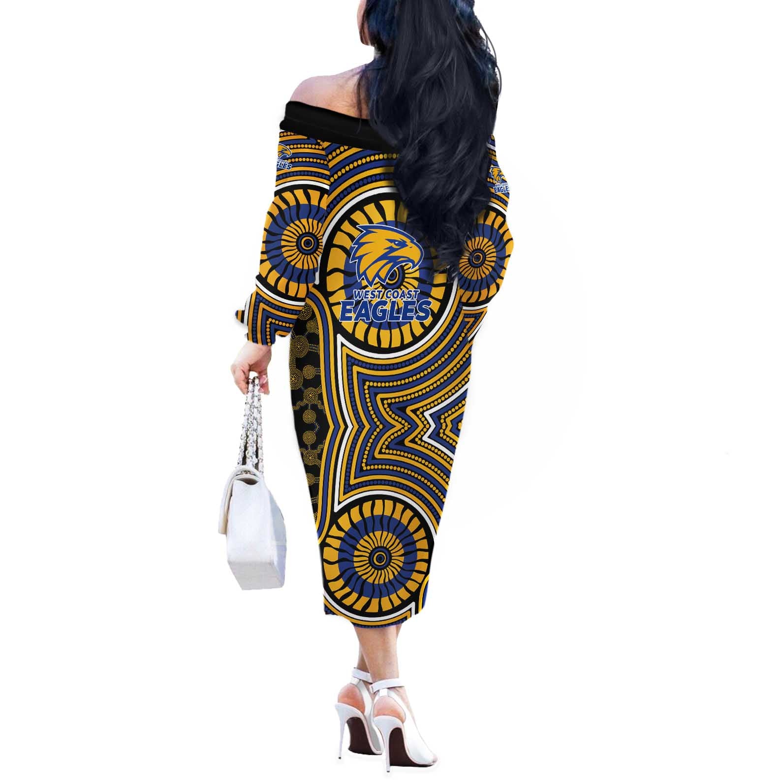 West Coast Eagles Off The Shoulder Long Sleeve Dress Indigenous Monochrome Dot Art Mascot Style