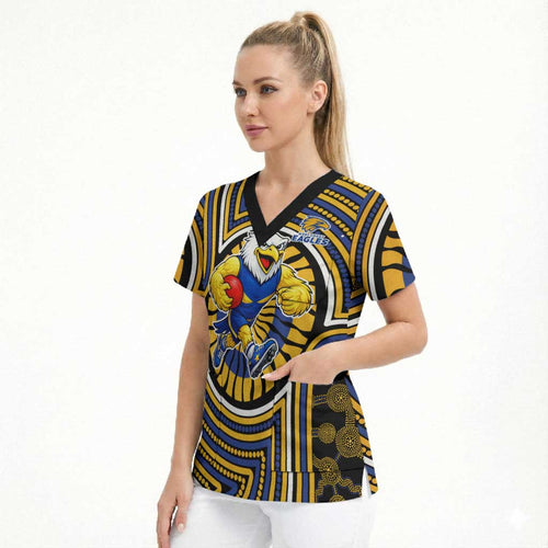 West Coast Eagles Scrub Top Indigenous Monochrome Dot Art Mascot Style