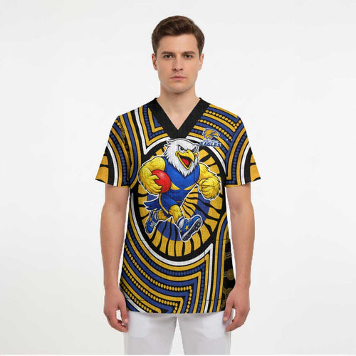 West Coast Eagles Scrub Top Indigenous Monochrome Dot Art Mascot Style