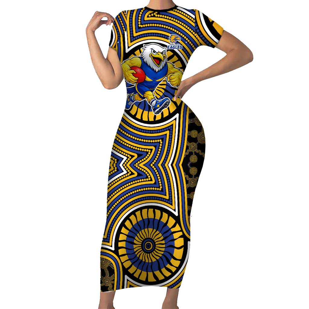 West Coast Eagles Short Sleeve Bodycon Dress Indigenous Monochrome Dot Art Mascot Style