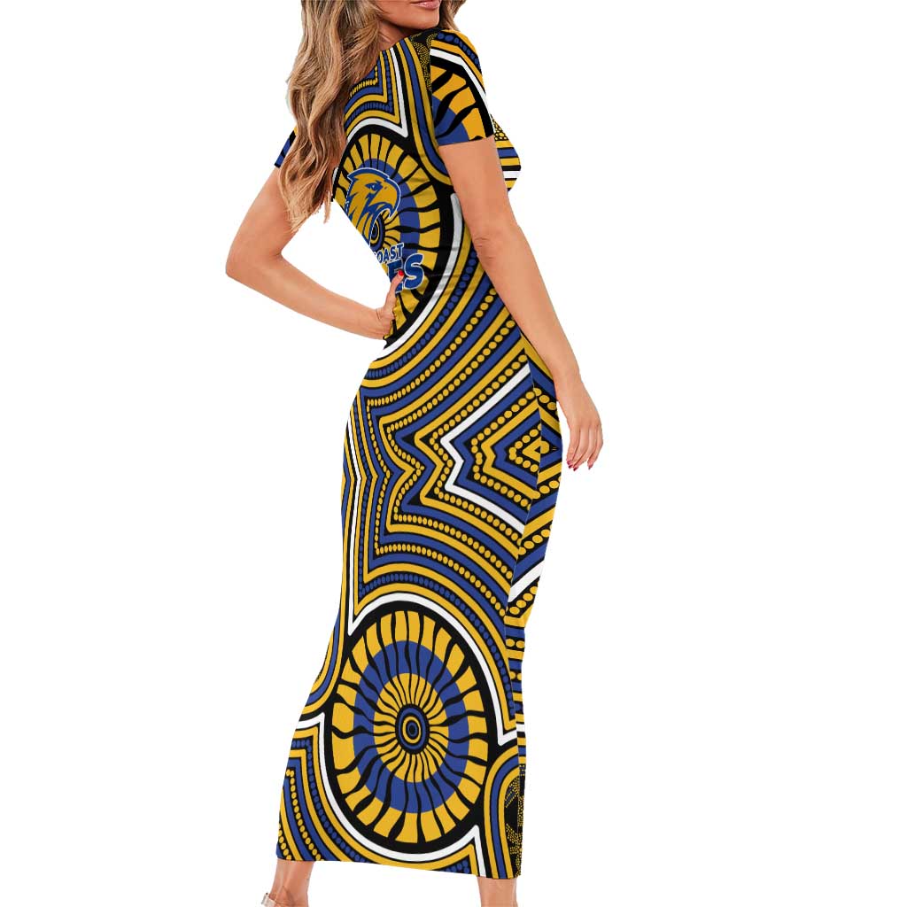 West Coast Eagles Short Sleeve Bodycon Dress Indigenous Monochrome Dot Art Mascot Style