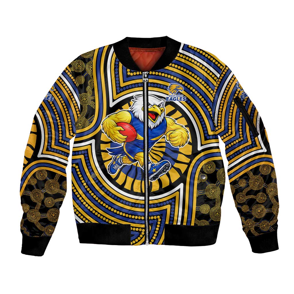 West Coast Eagles Sleeve Zip Bomber Jacket Indigenous Monochrome Dot Art Mascot Style