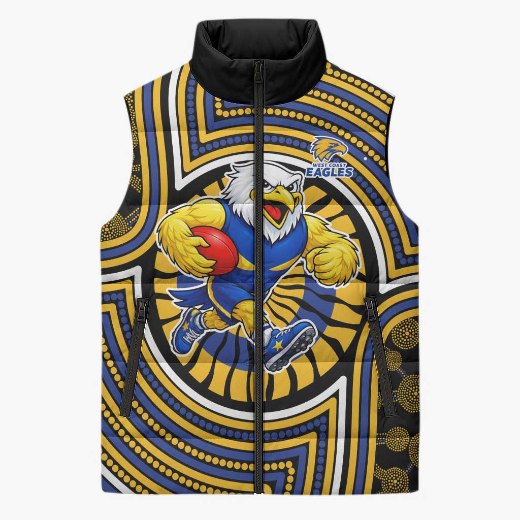 West Coast Eagles Sleeveless Puffer Jacket Indigenous Monochrome Dot Art Mascot Style