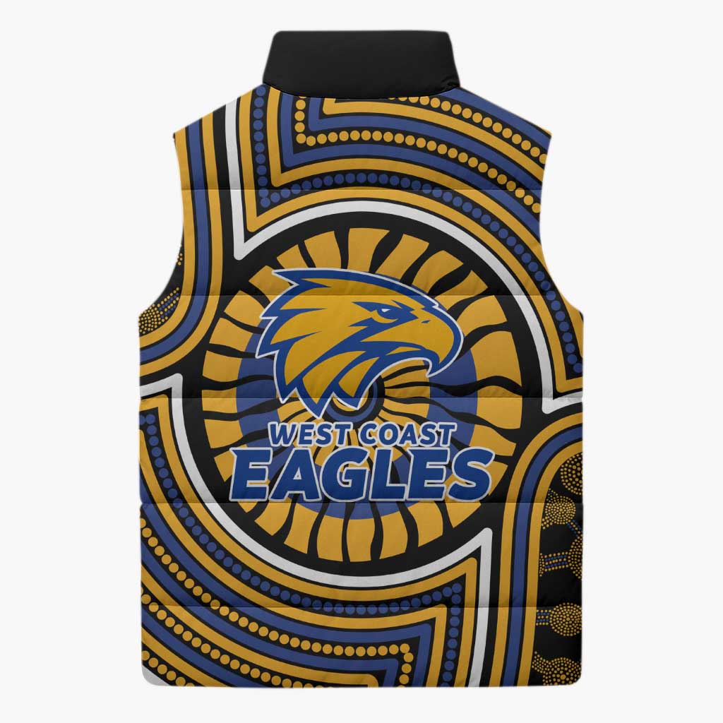 West Coast Eagles Sleeveless Puffer Jacket Indigenous Monochrome Dot Art Mascot Style