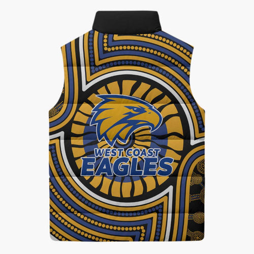 West Coast Eagles Sleeveless Puffer Jacket Indigenous Monochrome Dot Art Mascot Style