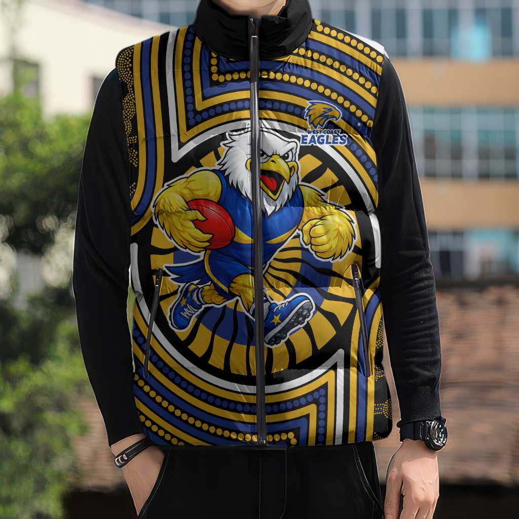 West Coast Eagles Sleeveless Puffer Jacket Indigenous Monochrome Dot Art Mascot Style