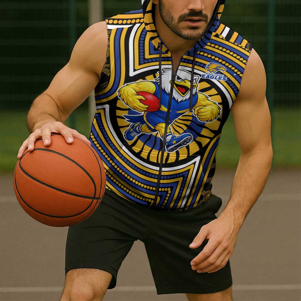 West Coast Eagles Sleeveless Zip Hoodie Indigenous Monochrome Dot Art Mascot Style