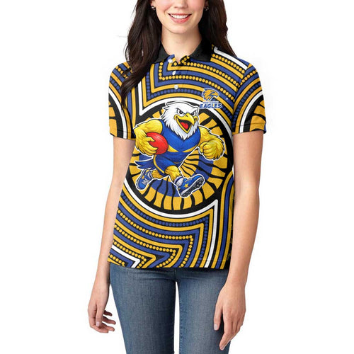 West Coast Eagles Women Polo Shirt Indigenous Monochrome Dot Art Mascot Style