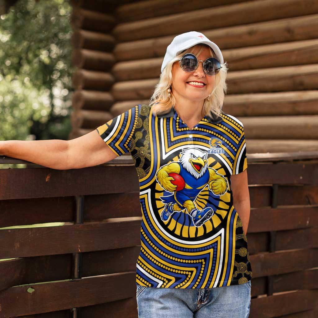 West Coast Eagles Women Polo Shirt Indigenous Monochrome Dot Art Mascot Style