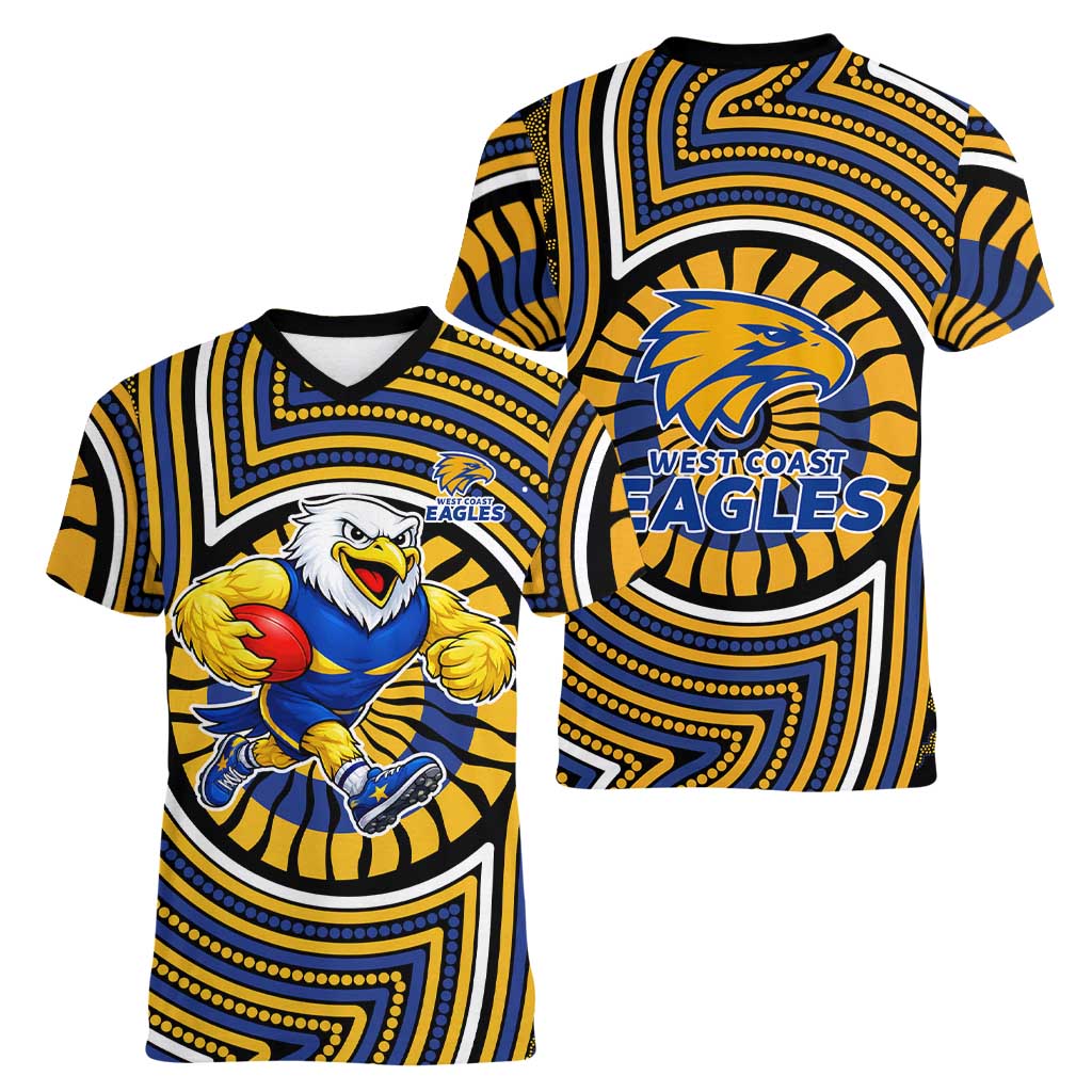 West Coast Eagles Women V-Neck T-Shirt Indigenous Monochrome Dot Art Mascot Style
