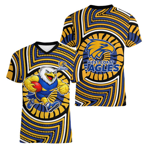 West Coast Eagles Women V-Neck T-Shirt Indigenous Monochrome Dot Art Mascot Style
