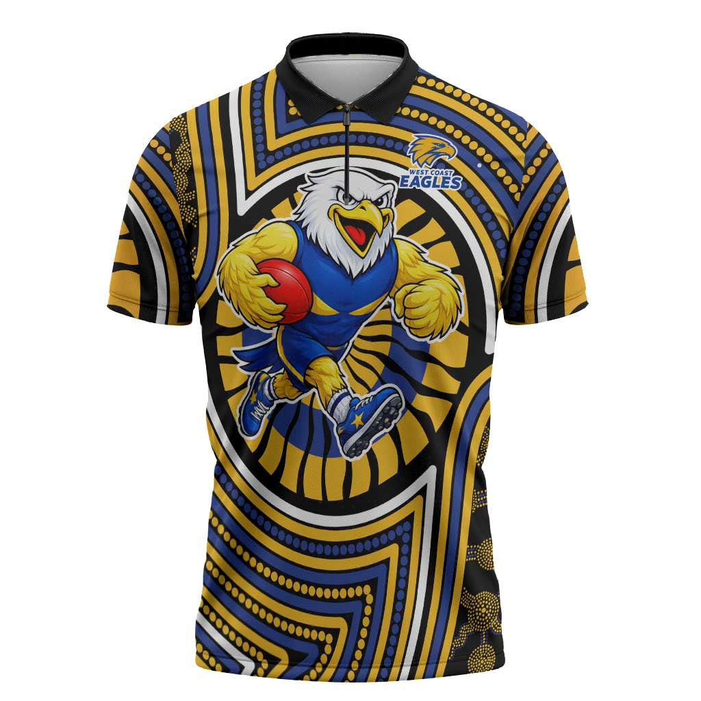 West Coast Eagles Zipper Polo Shirt Indigenous Monochrome Dot Art Mascot Style