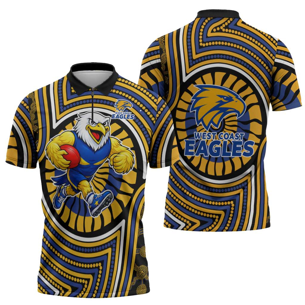West Coast Eagles Zipper Polo Shirt Indigenous Monochrome Dot Art Mascot Style