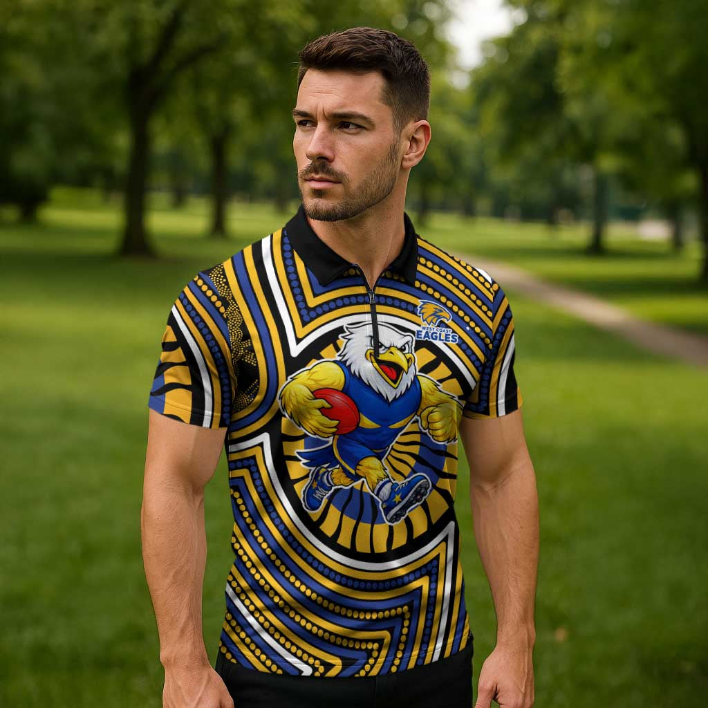 West Coast Eagles Zipper Polo Shirt Indigenous Monochrome Dot Art Mascot Style
