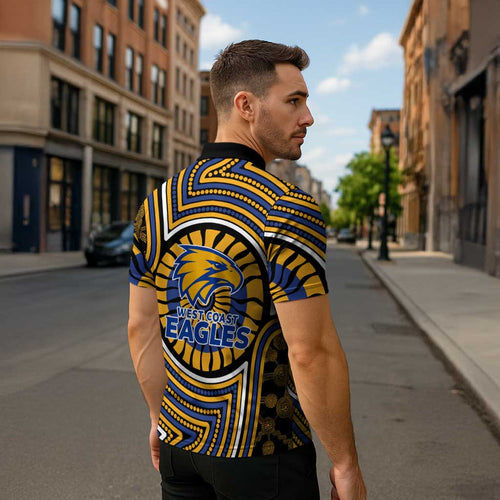 West Coast Eagles Zipper Polo Shirt Indigenous Monochrome Dot Art Mascot Style