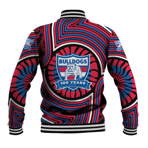 Western Bulldogs Baseball Jacket Indigenous Monochrome Dot Art Mascot Style