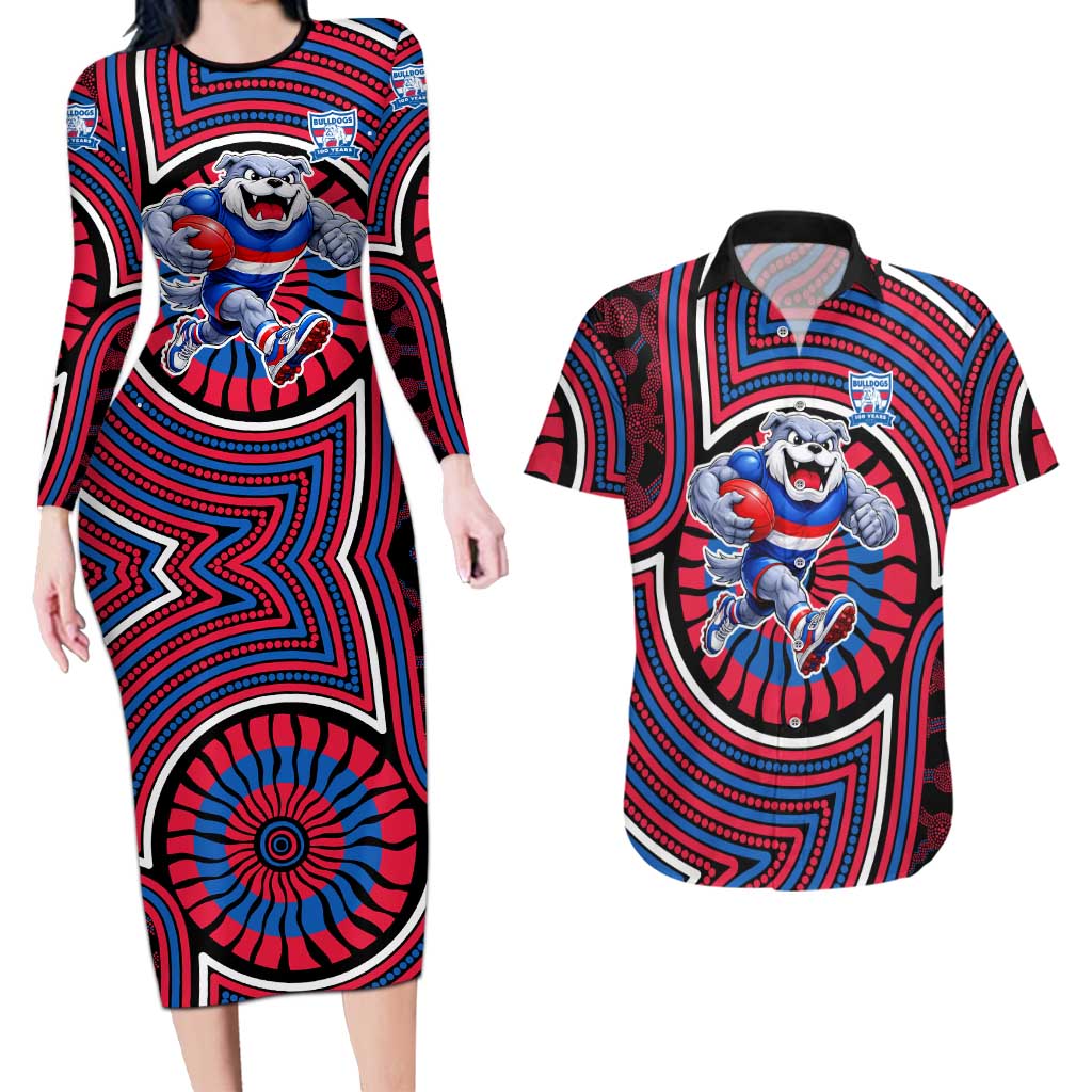 Western Bulldogs Couples Matching Long Sleeve Bodycon Dress and Hawaiian Shirt Indigenous Monochrome Dot Art Mascot Style