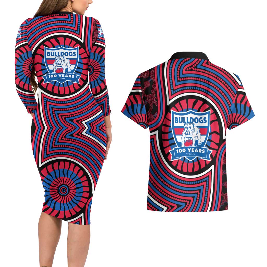 Western Bulldogs Couples Matching Long Sleeve Bodycon Dress and Hawaiian Shirt Indigenous Monochrome Dot Art Mascot Style