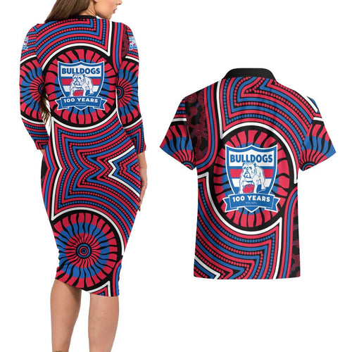 Western Bulldogs Couples Matching Long Sleeve Bodycon Dress and Hawaiian Shirt Indigenous Monochrome Dot Art Mascot Style