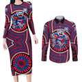 Western Bulldogs Couples Matching Long Sleeve Bodycon Dress and Long Sleeve Button Shirt Indigenous Monochrome Dot Art Mascot Style