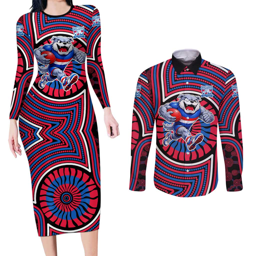 Western Bulldogs Couples Matching Long Sleeve Bodycon Dress and Long Sleeve Button Shirt Indigenous Monochrome Dot Art Mascot Style