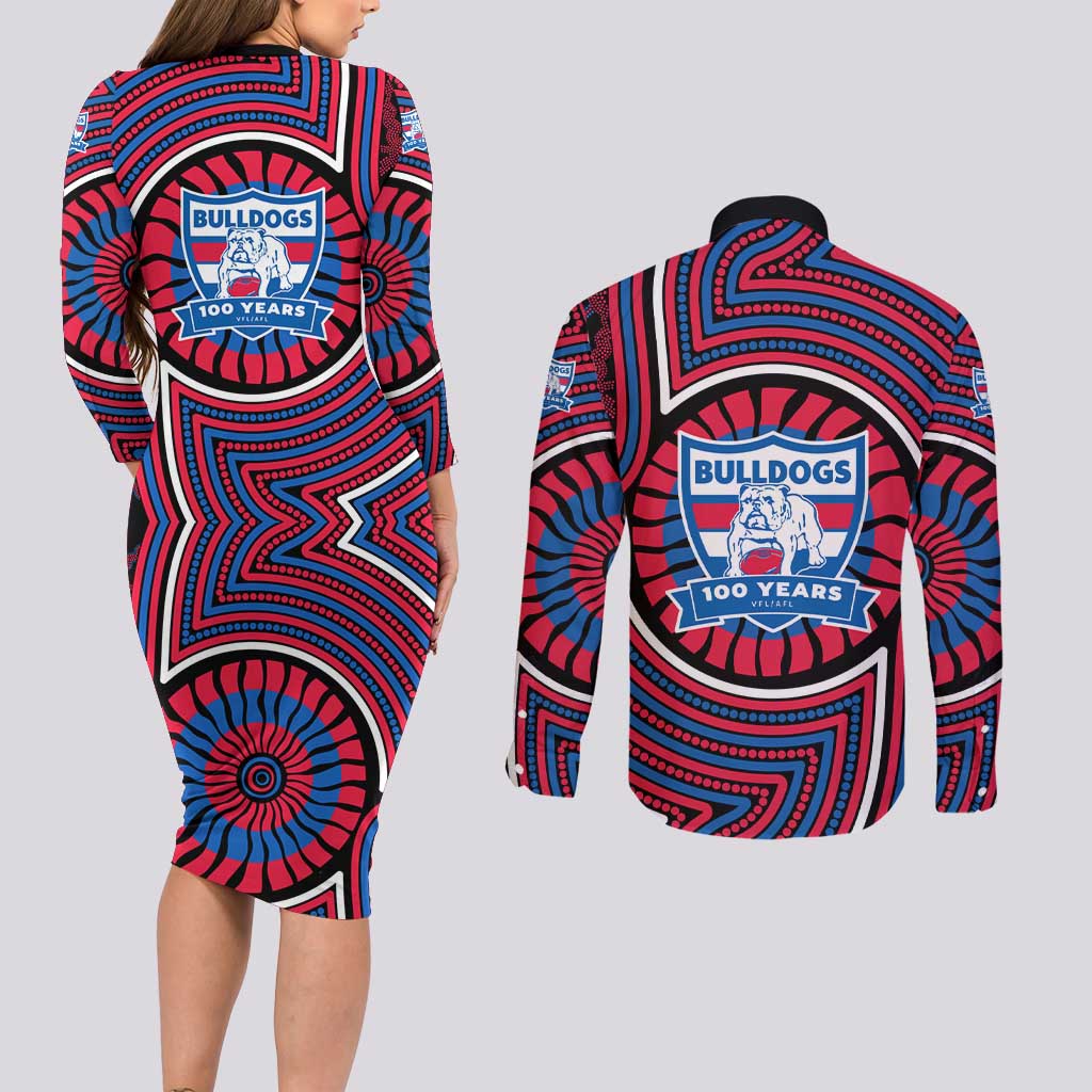 Western Bulldogs Couples Matching Long Sleeve Bodycon Dress and Long Sleeve Button Shirt Indigenous Monochrome Dot Art Mascot Style