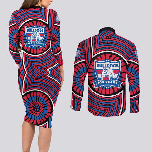 Western Bulldogs Couples Matching Long Sleeve Bodycon Dress and Long Sleeve Button Shirt Indigenous Monochrome Dot Art Mascot Style