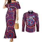 Western Bulldogs Couples Matching Mermaid Dress and Long Sleeve Button Shirt Indigenous Monochrome Dot Art Mascot Style