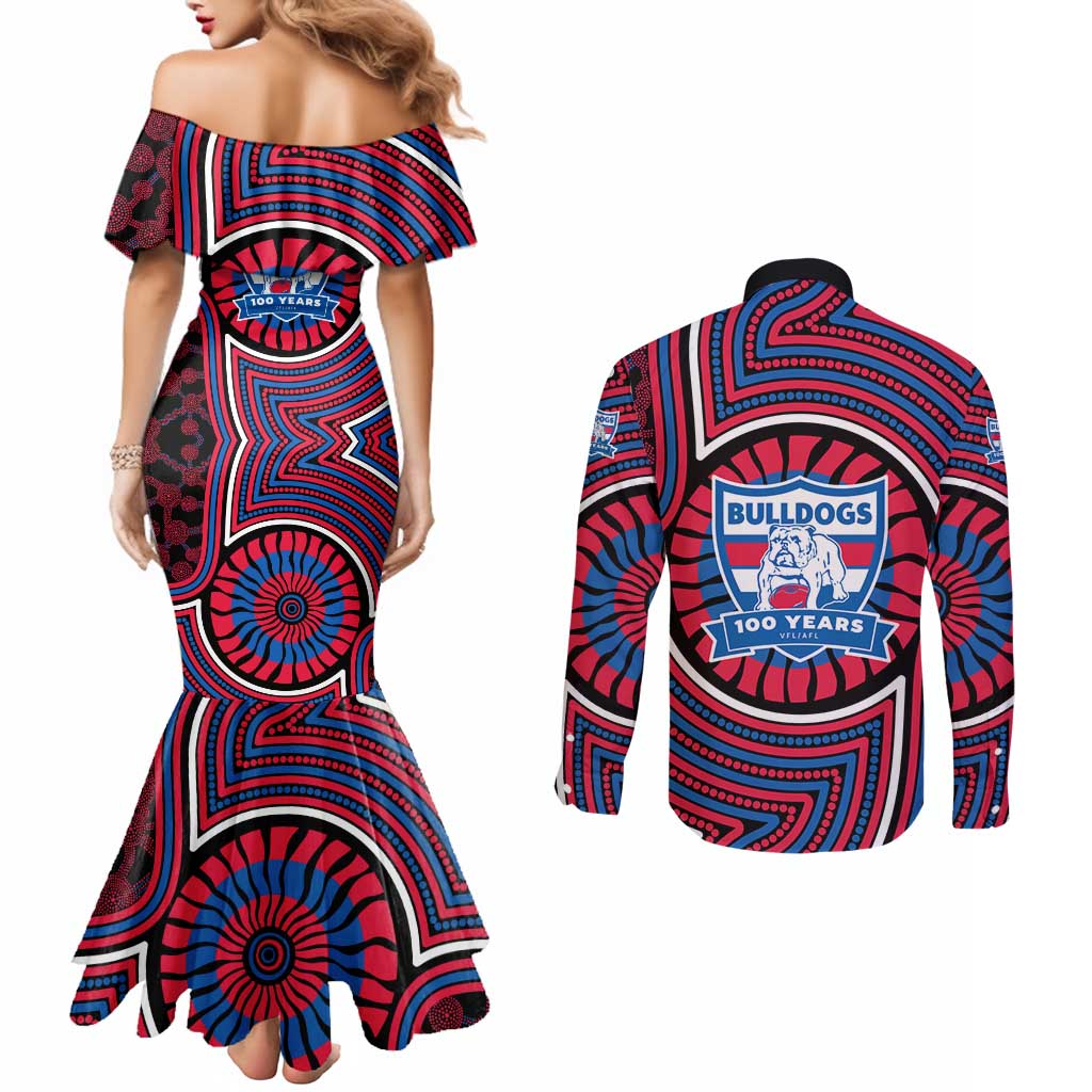 Western Bulldogs Couples Matching Mermaid Dress and Long Sleeve Button Shirt Indigenous Monochrome Dot Art Mascot Style