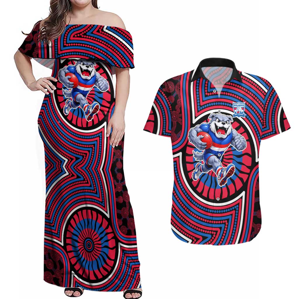 Western Bulldogs Couples Matching Off Shoulder Maxi Dress and Hawaiian Shirt Indigenous Monochrome Dot Art Mascot Style