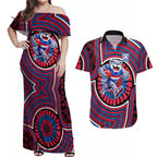 Western Bulldogs Couples Matching Off Shoulder Maxi Dress and Hawaiian Shirt Indigenous Monochrome Dot Art Mascot Style