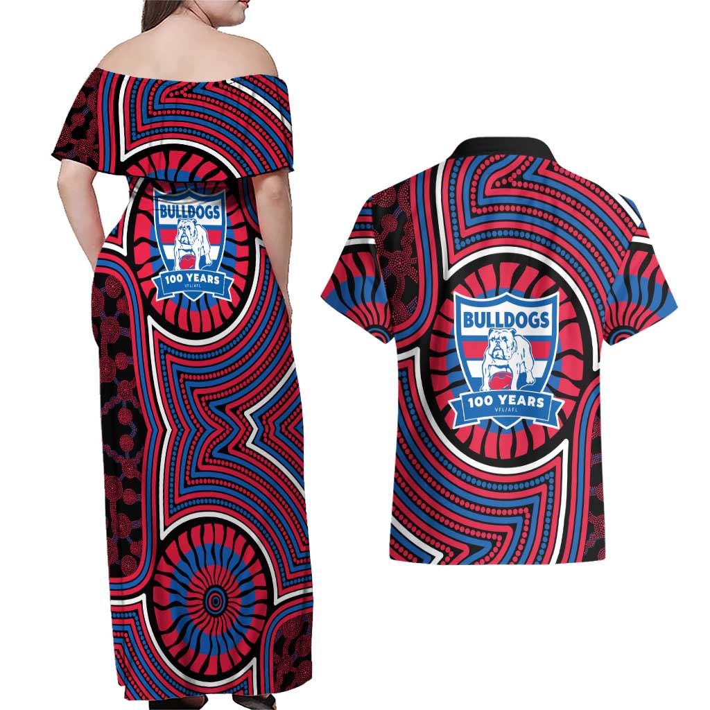 Western Bulldogs Couples Matching Off Shoulder Maxi Dress and Hawaiian Shirt Indigenous Monochrome Dot Art Mascot Style